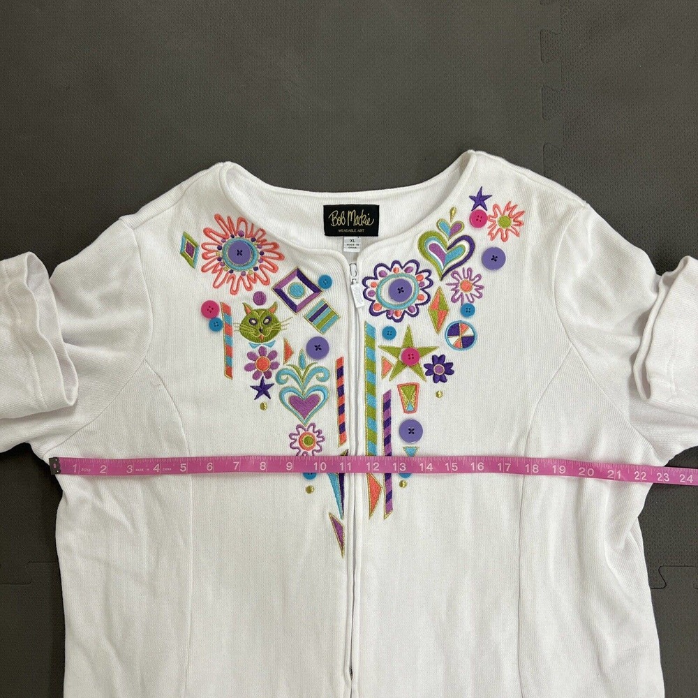 Bob Mackie Wearable Art MCM Themed Zip Up Sweater 100% Cotton XL White FS Chrty - Picture 9 of 11